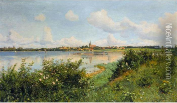 Udsigt Mod Aalholm Slot, Nysted (view Of Nysted City And Aalholm Castle) Oil Painting - Peder Mork Monsted