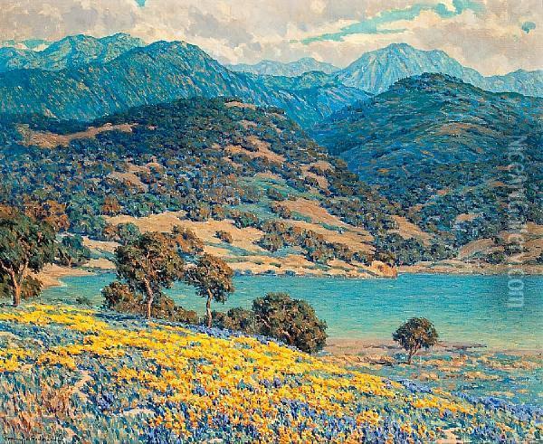Poppies And Lupine By A Lake With Mountains In The Distance Oil Painting - Granville Redmond