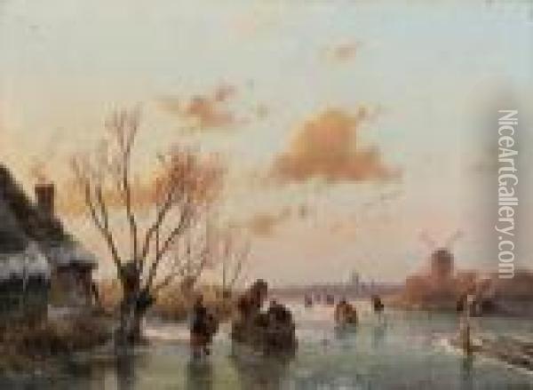 Skaters And A Horse-drawn Sledge On A Frozen Waterway At Dusk Oil Painting - Andreas Schelfhout