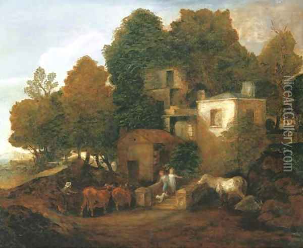 A lodge in a park, with children descending steps Oil Painting - Thomas Gainsborough