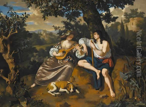 An Arcadian Landscape With A Shepherd Holding A Flute, Listening To A Shepherdess Playing A Stringed Instrument, A Dog Lying At Their Feet Oil Painting - Willem van Mieris