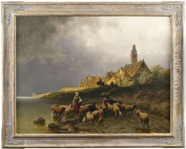Hollandische Uferlandschaft Mit Heimkehrender Schafherde Oil Painting - Christian Friedrich Mali