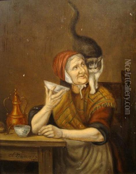 An Old Woman Seated At A Table Offering A Bowl To A Cat Perched Onher Shoulder Oil Painting - Camille Vennemann