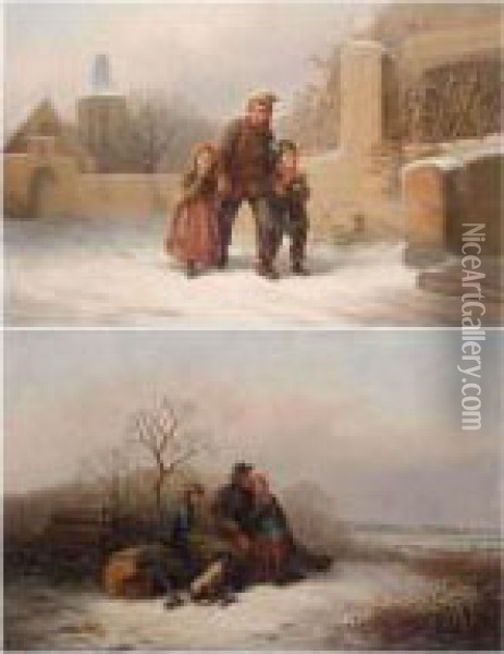 The Woodcutter's Family; On The Way To School Oil Painting - Alexis de Leeuw