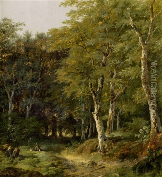 Waldpartie Mit Zwei Jagern Oil Painting - Eduard Emil August Leonhardi