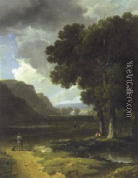 Extensive River Landscape With Figures And Cattle Oil Painting - James Arthur O'Connor