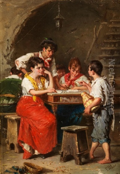 Junge Neapolitianische Familie Unter Einem Mauerbogen Am Tisch Beim Sortieren Von Perlen (korallen?) Oil Painting - Francesco Peluso