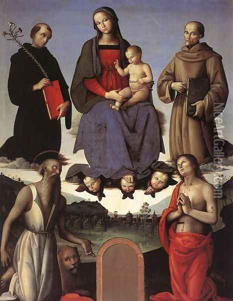 Madonna and Child with Four Saints (Tezi Altarpiece) 1500 Oil Painting - Pietro Vannucci Perugino