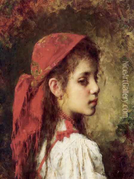 Portrait Of A Young Girl In A Red Kerchief Oil Painting - Alexei Alexeivich Harlamoff