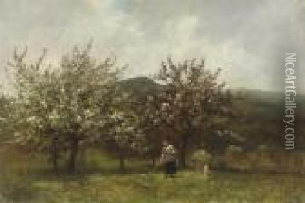 In A Flowering Orchard Oil Painting - Anton Dieffenbach
