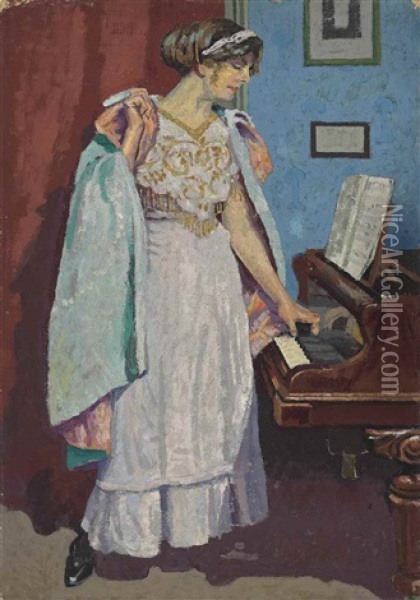 Arabesque At The Piano; Zina Ogilvie, The Artist's Wife Oil Painting - Malcolm Drummond