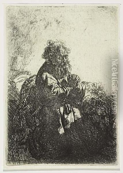 St. Jerome In Prayer, Looking Down<</b> Oil Painting - Rembrandt Van Rijn