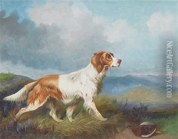 An English Setter With Game In A Highland Landscape Oil Painting - Colin Graeme