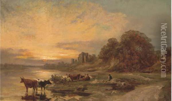 Cattle And A Herder By A River, With Ruins Beyond Oil Painting - Francis Danby