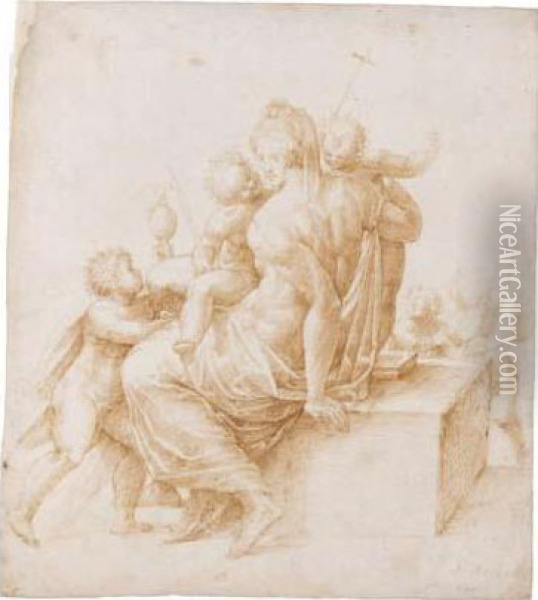 Female Allegorical Figure Surrounded By Putti Bearing Symbols Of Ecclesiastic Virtues Oil Painting - Alessandro Ardente