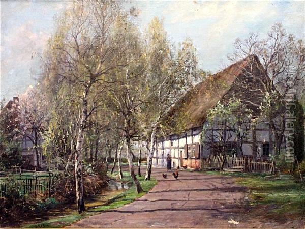 Sunlit Cottage By A Country Road Oil Painting - Gustav Koken