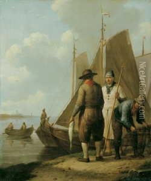 Beim Entladen Des Fischfangs Im Hafen. Signiert Unten Rechts: J. M. Koekkoek. Ol Auf Holz. H 36; B 30 Cm. Oil Painting - Johannes Koekkoek