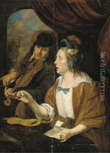 An Elegant Couple Making Music In An Interior Oil Painting - Jacob Van Toorenvliet