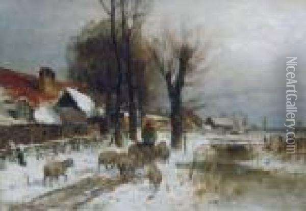 Winterliche Dorfszene Mit Schafherde Oil Painting - Karl Adam Heinisch