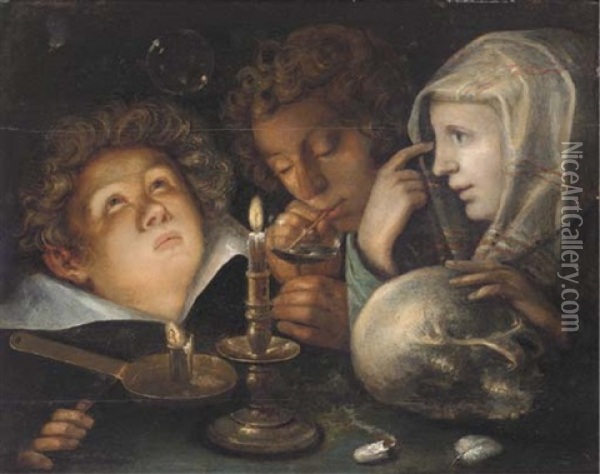 A Vanitas Allegory: Homo Bulla Est, A Boy Blowing Bubbles While Another Watches And A Young Woman Holds A Skull By Candlelight Oil Painting - Jacques de Gheyn II