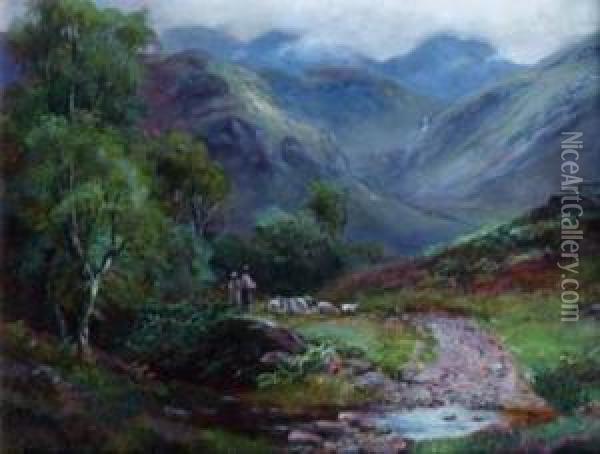 On The Road To Walendlath From Borrowdale, 
Scawfell In The Distance Oil Painting - William Lakin Turner
