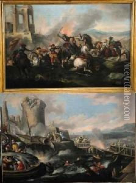 Escarmouche De Cavaliers Et L'attaque De La Forteresse Par Lesturcs Oil Painting - Ilario Mercanti Spolverini