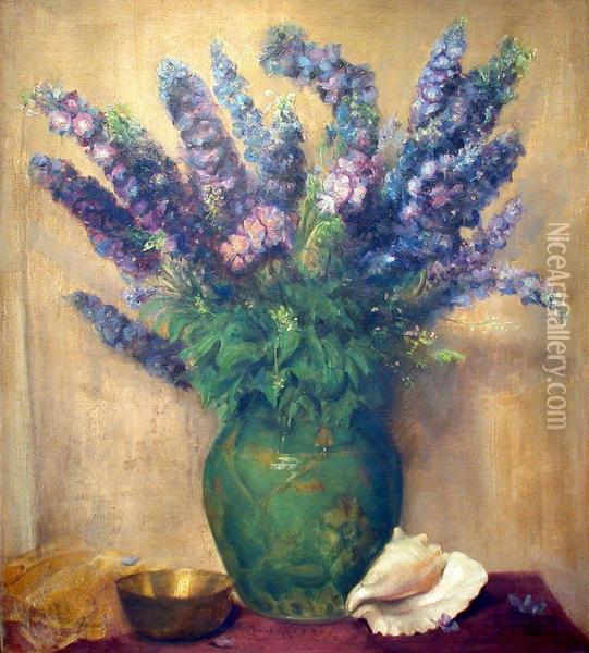 Still Life With Delphiniums And Shell Oil Painting - Charles Andrew Hafner