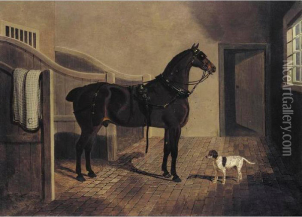 A Favorite Coach Horse And Dog In A Stable Oil Painting - John Frederick Herring Snr
