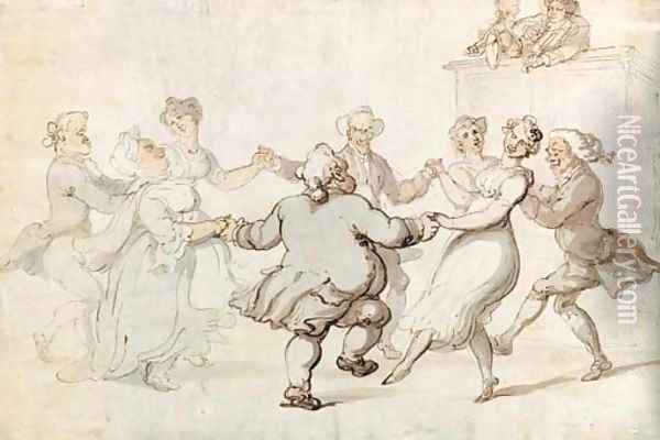 Figures dancing with musicians looking on Oil Painting - Thomas Rowlandson