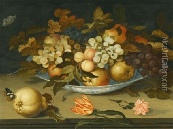 A Still Life With A Delft Bowl Containing Fruit, On A Ledge With Flowers, Insects And A Lizard Oil Painting - Balthasar Van Der Ast