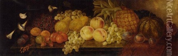 Peaches, A Pineapple, Grapes, Tomatoes, Plums, A Melon, And Flowers On A Draped Ledge Oil Painting - Thomas Whittle the Elder