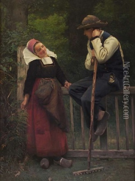 A Wayside Chat Oil Painting - Thomas Hovenden