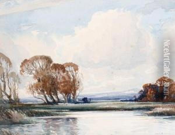 River Landscape With Autumnal Trees Oil Painting - Edwin Harris