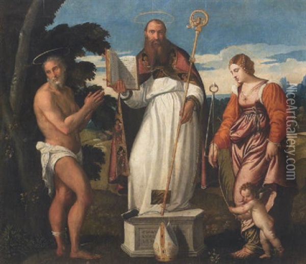 Santo Vescovo Tra San Giobbe E Santa Apollonia Oil Painting - Giovanni da Brescia