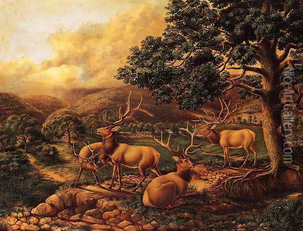 Four Elk Oil Painting - Titian Ramsay Peale