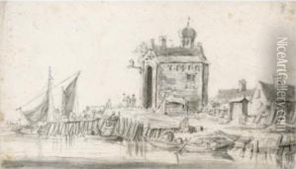 Boats Unloading At A Harbour, Beside A Chapel Oil Painting - Cornelis Saftleven