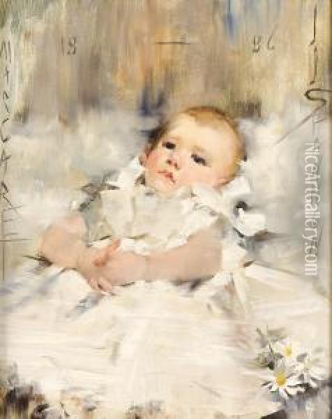 Baby In A Ruffled Dress Oil Painting - James Jebusa Shannon