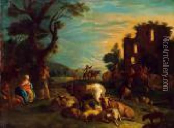 Landschaft Mit Hirtenszene Oil Painting - Jacopo Bassano (Jacopo da Ponte)