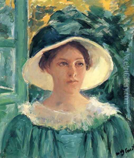 Young Woman In Green, Outdoors In The Sun Oil Painting - Mary Cassatt