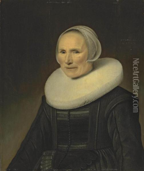 Portrait Of An Old Woman, Half-length, In A Black Dress, A Ruff And A Lace Headdress Oil Painting - Michiel Jansz. Van Miereveldt