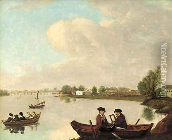William Seguier and Mr W. Battean in a boat in a river landscape Oil Painting - English School
