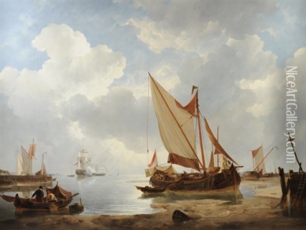 Low Tide Gun Salute From A Dutch Man O' War Oil Painting - Johannes Christiaan Schotel