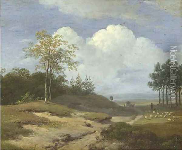 A summer landscape with a shepherd and his flock Oil Painting - Andreas Schelfhout
