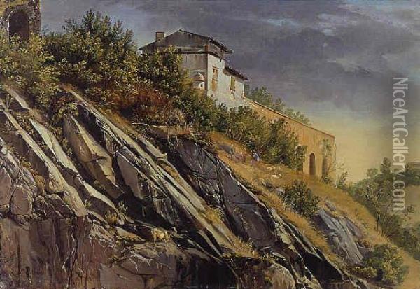 Building On Top Of A Rocky Hill Oil Painting - Alexandre Calame
