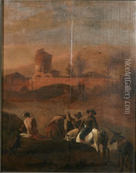 Rastplats - Landskap Med Figurscen Vid Flod Oil Painting - Pieter Jacobsz. van Laer