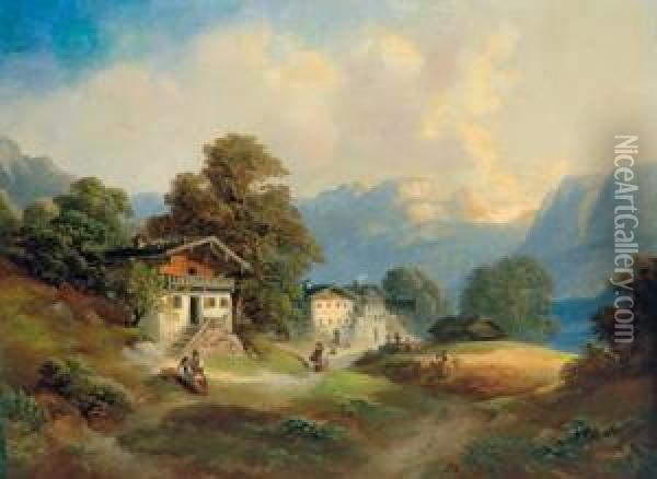 Gebirgslandschaft Mit Bauernhausern Undfigurlicher Staffage Oil Painting - Franz Barbarini