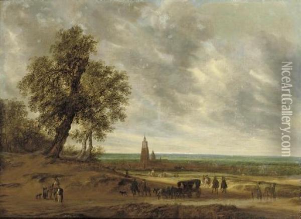 A Panoramic Landscape With Travellers On A Path, The City Of Amersfoort Beyond Oil Painting - Salomon van Ruysdael