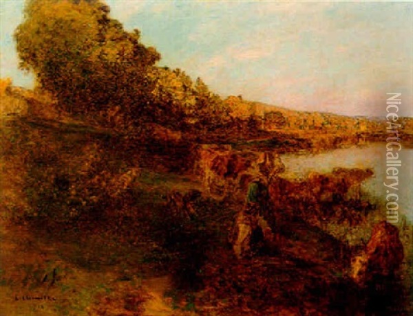 Herd By Water's Edge Oil Painting - Leon Augustin L'Hermitte