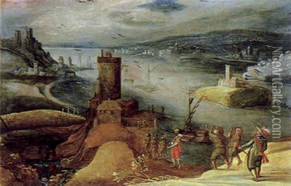 Gebirgige Fluslandschaft Mit Einem Turm Und Figuren Oil Painting - Joos de Momper the Younger