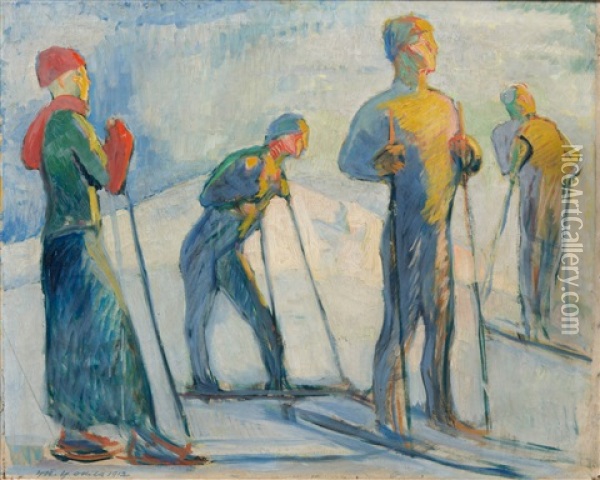 Skiers Oil Painting - Yrjoe Ollila